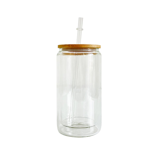 Lata de refresco de vidrio de doble pared con tapa de bambú | Vaso de sublimación | 12 o 15 onzas